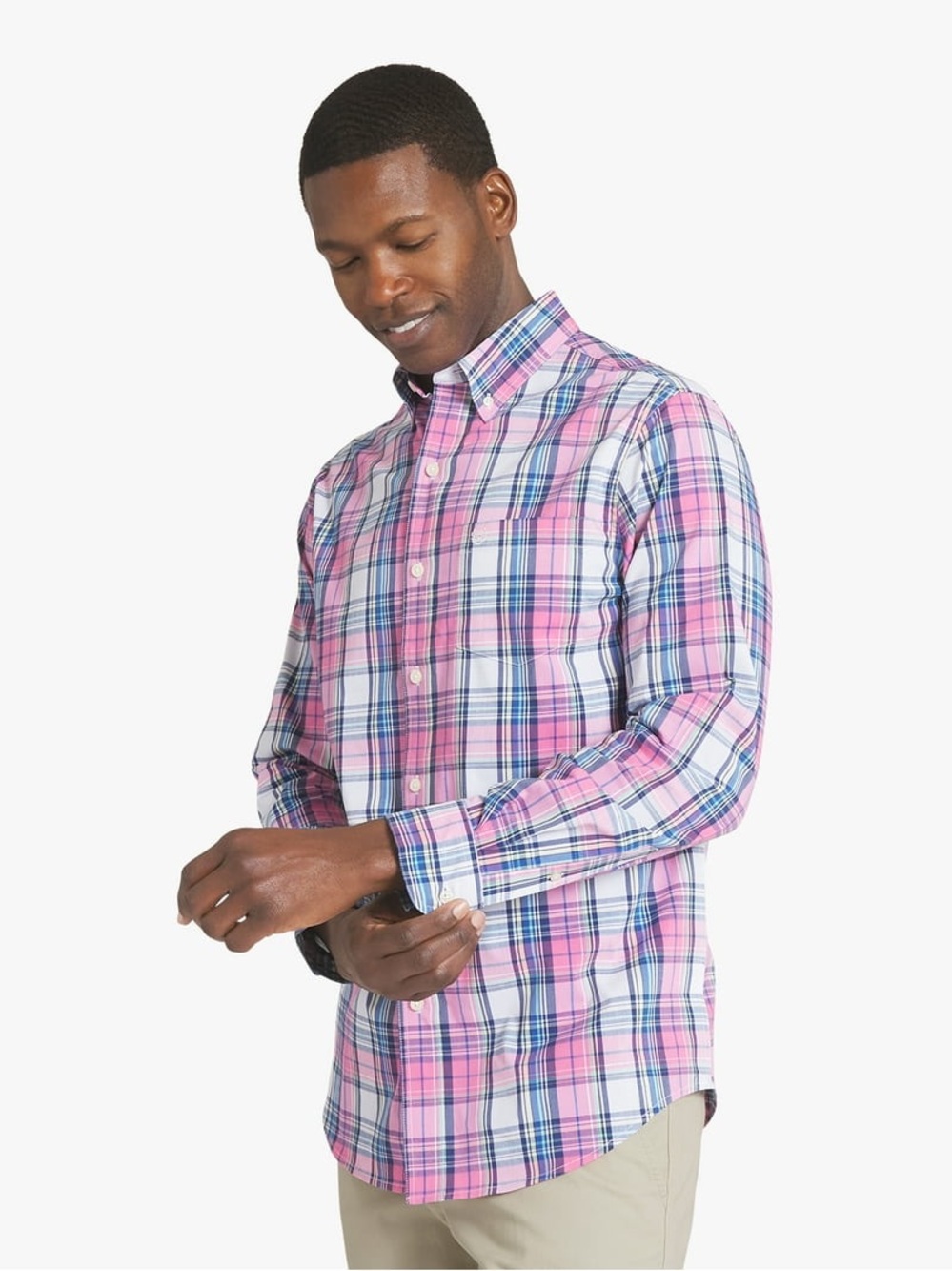 Men's Pink Plaid Button-Down Shirt W